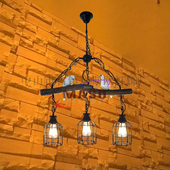 玛斯欧树枝小鸟三头鸟笼美式复古乡村风格餐厅酒吧别墅个性吊灯MS-P9006